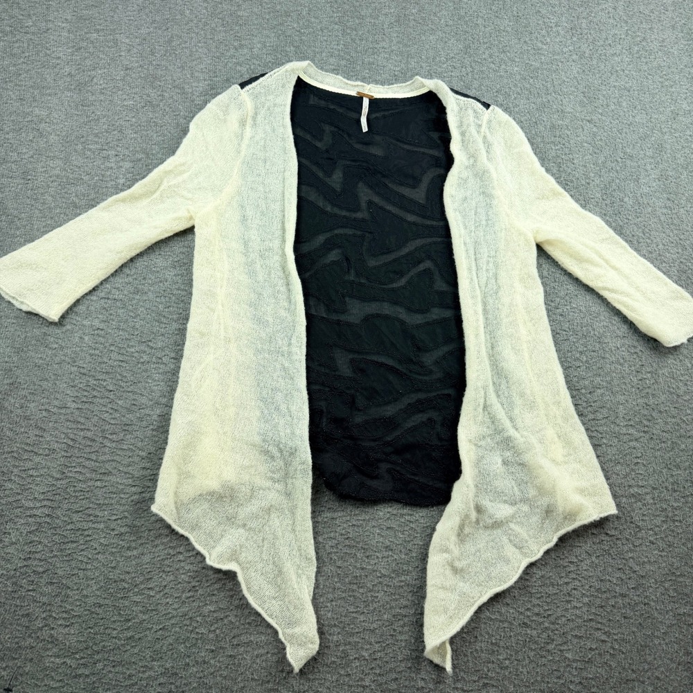 Free People Mixed Media Cardigan Wool Silk Blend S Small Black Cream Embroidered